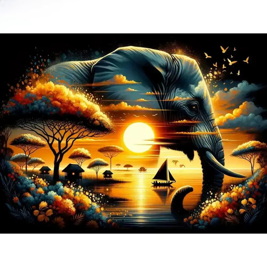Huacan Diamant-Mosaik Kunst-Set Landschaft mit Elefant und Baum, Rund, Mehrfarbig, B: 30,0 cm, H: 20,0 cm - Bild 4