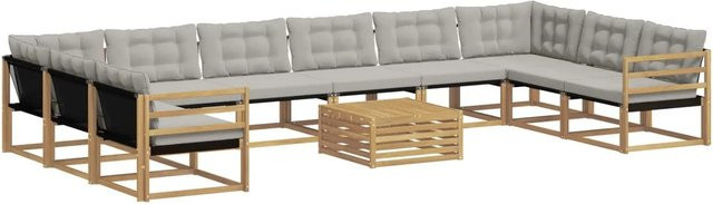 vidaXL Outdoor-Sofagarnitur in U-Form aus Akazienholz mit Textilene und Kissen, 11-teilig, Weiß-Hellgrau - Bild 1
