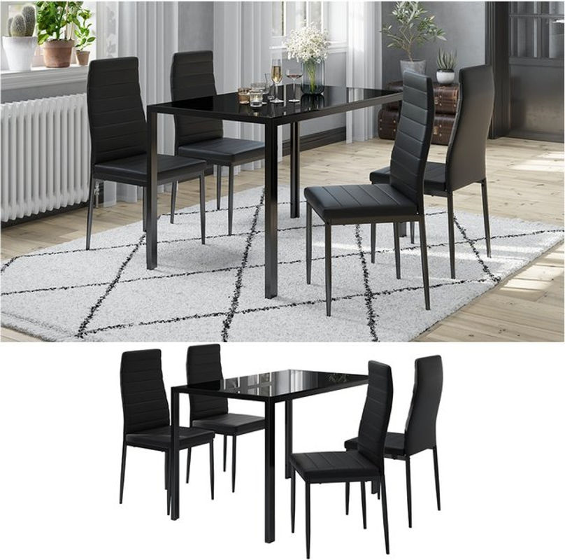 Vicco Grand Metall moderne Essgruppe mit Esstisch und 4 Essstühlen aus Glas und Metall in Schwarz - Bild 2