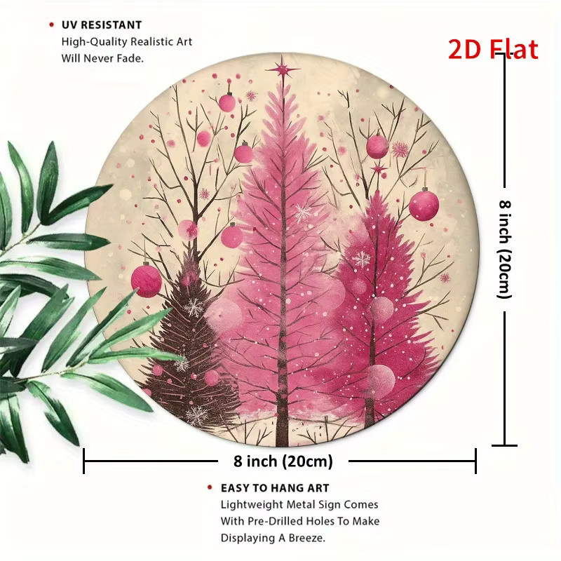 Potdemiel Rundes Metallschild Weihnachtsbaum Rosa mit Schneeflocken und Ornamenten als Wandkunst im Landhausstil Durchmesser: 20 cm - Bild 2