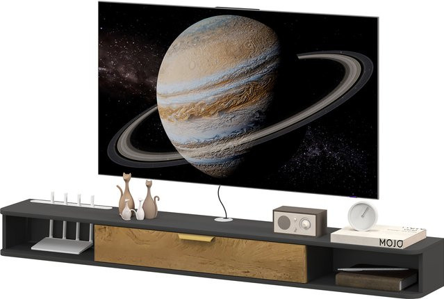 HOMCOM Wand-TV-Möbel aus Holz in Grau, schwebende TV-Bank mit offenen Fächern, klappbarer Tür und Kabeldurchlässen für Wohnzimmer und Schlafzimmer, B/T/H: 160 x 24 x 16 cm - Bild 1