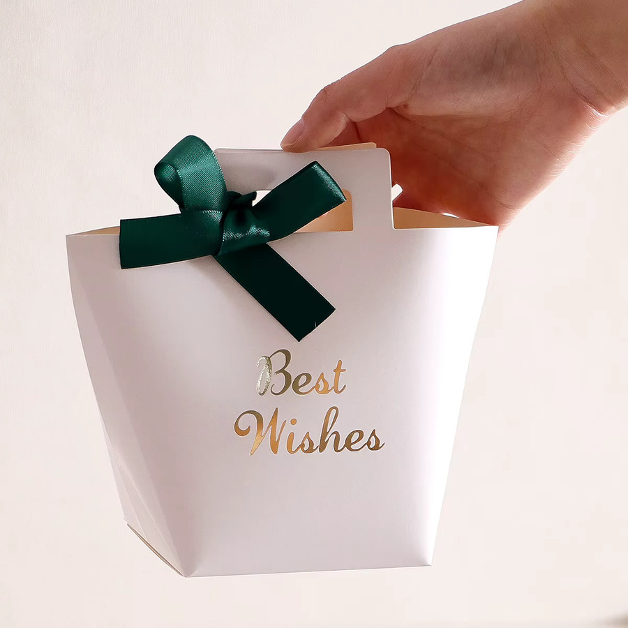 Set aus 5 Mini-Geschenkboxen für Hochzeiten mit Goldprägung Beste Wünsche und Schleifenbändern in Weiß und Gold - Bild 2