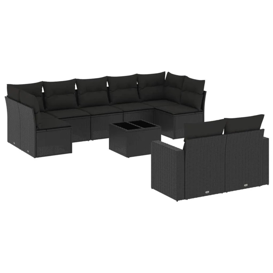 vidaXL 10-tlg. Garten-Sofagarnitur in L-Form aus Polyrattan mit Kissen und Couchtisch, Schwarz - Bild 2