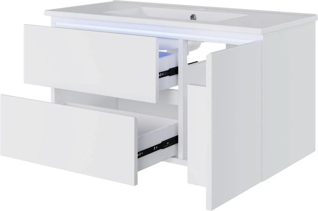 PXloue Waschtisch mit Unterschrank aus Keramik und MDF, Weiß, Wandhängend, mit LED-Sensorbeleuchtung und Schubladen, B/T/H: 91,5 x 50,5 x 37,6 cm - Bild 1