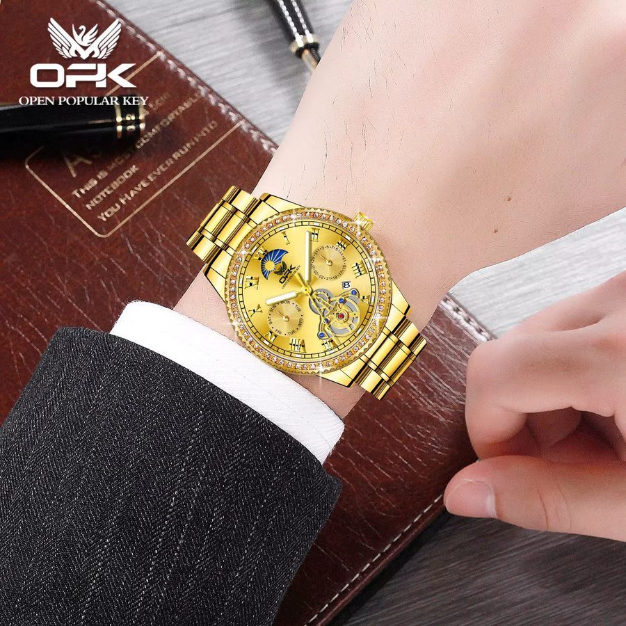 OPK Armbanduhr, Quarz, Edelstahl, Gold, Diamant, Zirkonia, Herren - Bild 5