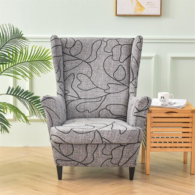 Elastischer Ohrensesselbezug mit Blumenmuster in Grau/Mehrfarbig, Spandex Stretch Sesselbezug mit hoher Rückenlehne und Sitzkissenbezug - Bild 1
