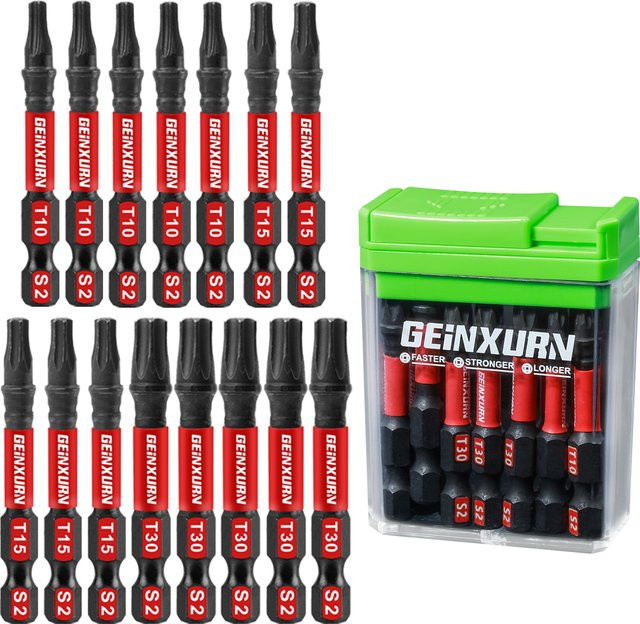 Geinxurn 15-teiliges Impact Torx Multi-Treiber-Bit-Set aus S2-Stahl mit magnetischer Funktion und Aufbewahrungsbox in Grün, Gelb und Rosa - Bild 1