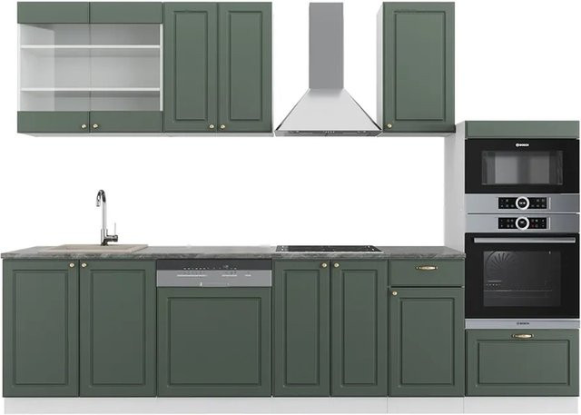 Vicco Fame-Line Küchenzeile im Landhausstil in Grün-Gold und Weiß mit Hochschrank in Anthrazit, Breite: 300 cm - Bild 1