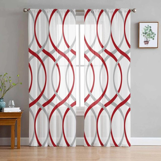 Yiran Furniture Transparenter Vorhang mit geometrischem Linienmuster in Blau und Schwarz, Organza-Tüll für Wohnzimmer und Küche, Breite: 135 cm, Höhe: 160 cm - Bild 1