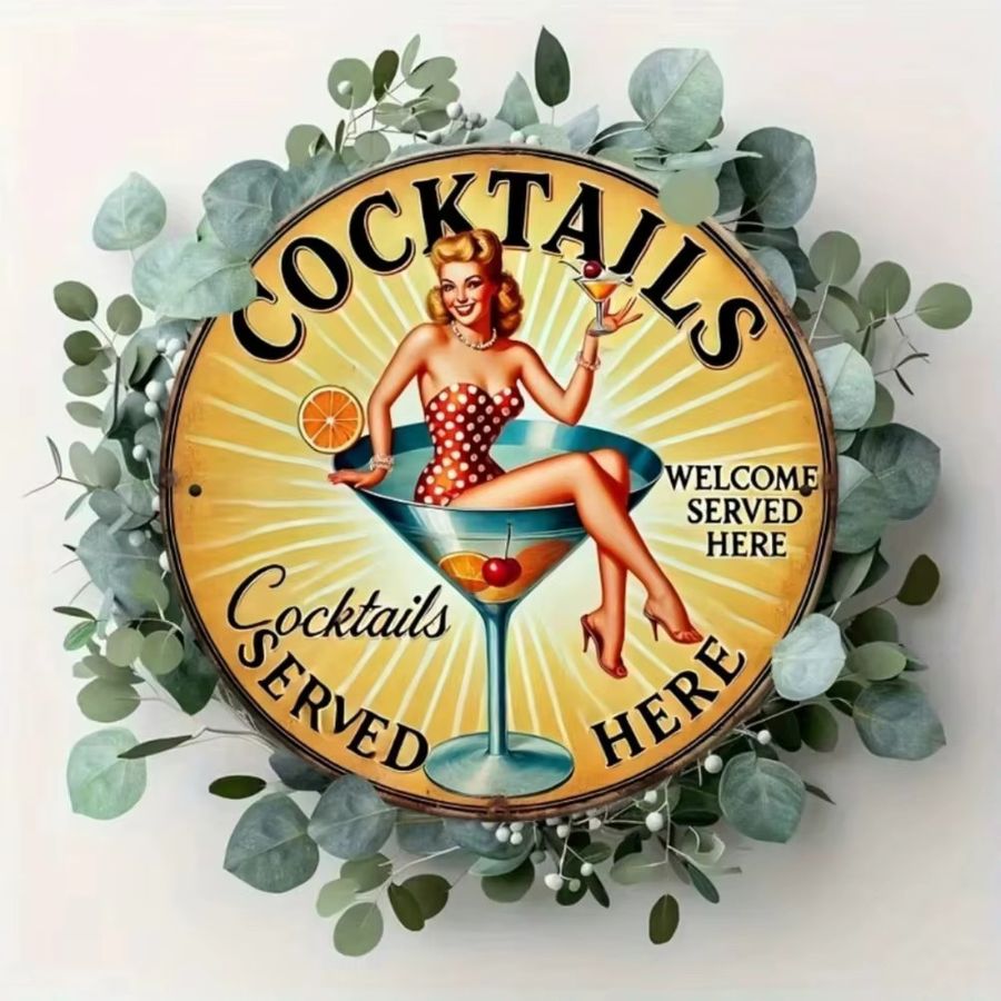 CIFBUY Vintage Wandkunst aus Aluminium im Champagner-Frucht-Design, rundes Metallschild für Cocktails, Durchmesser: 20 cm, Multicolor - Bild 4