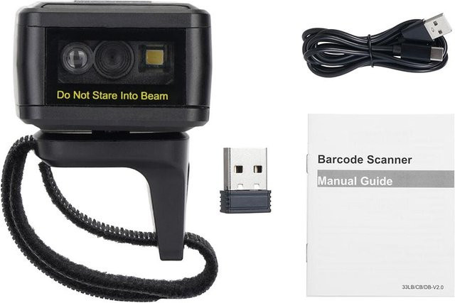 Painter Tragbarer Finger-Barcode-Scanner 1D/2D Ring-Scanner mit Bluetooth und 2.4G Drahtlosverbindung sowie Kabelverbindung, Schwarz - Bild 1