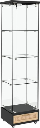 PXloue Glasvitrine mit LED-Beleuchtung in Schwarz, ausgestattet mit Schubladen und gehärtetem Glas, H x B x T: 167 x 43 x 37 cm