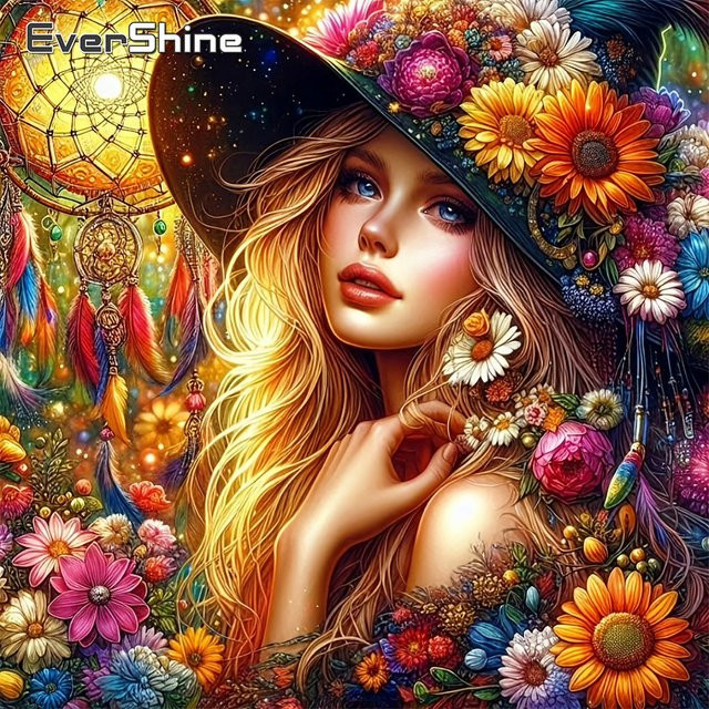 EverShine Diamant-Mosaik Mädchenporträt mit Blumen-Motiv als handgemachtes Strass-Stickerei-Bild in Multicolour - Bild 1