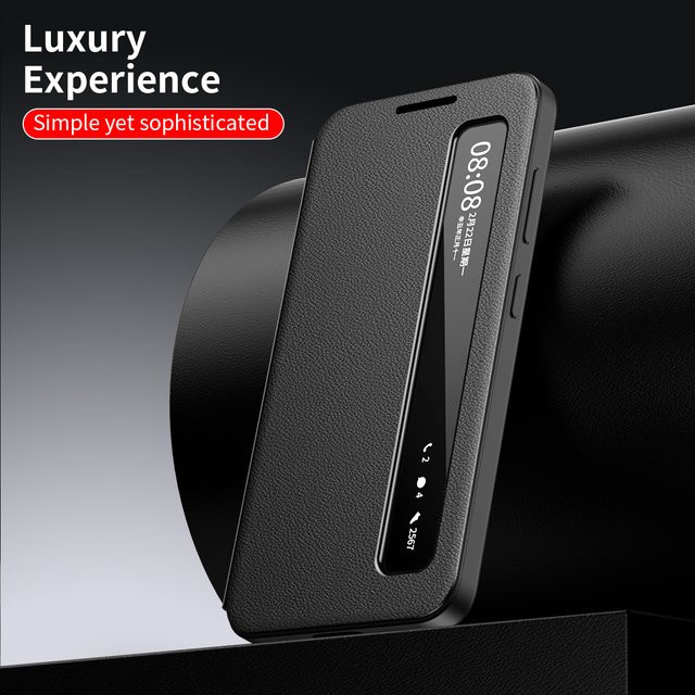 Luxuriöse Flip-Hülle für Samsung Galaxy A56 A36 A16 aus PU-Leder mit Sichtfenster und Smart-App-Funktion in Schwarz - Bild 1