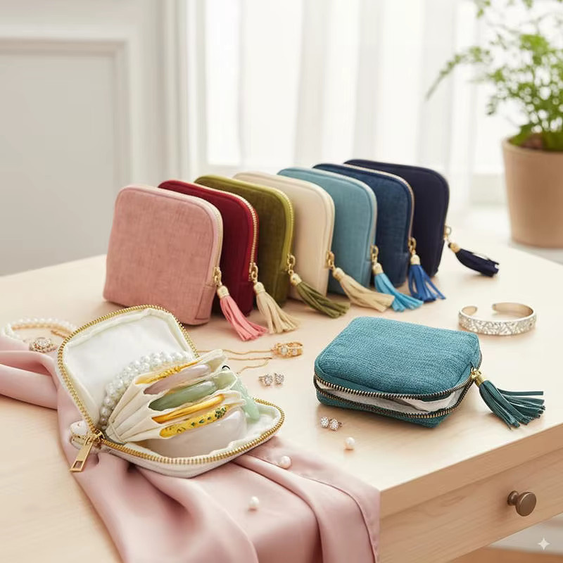 Kleine Schmuck-Organizer-Tasche mit Reißverschluss in Blau für Armbänder, Halsketten und Ohrringe zur Reiseaufbewahrung - Bild 4