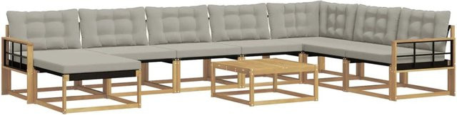 vidaXL Outdoor-Sofagarnitur 9-teilig in L-Form aus Akazie mit Textilene und Polstern, Weiß, Grau und Braun, B/T/H: 79 x 79 x 37 cm - Bild 1
