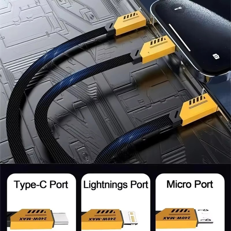 OLOEY 2-in-3 Multi-Port Typ-C Ladekabel mit Nylon-Geflecht in Gelb für iPhone 16, Samsung und Xiaomi - Bild 2