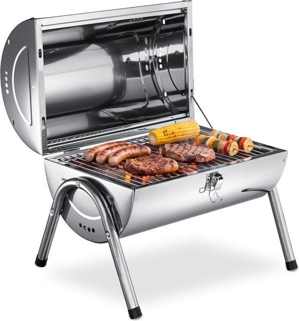 Tectake Edelstahlgrill mit Doppel-Grillfläche und 2 Kohlewannen in Schwarz und Silber, B/T/H: 42 x 30,5 x 44 cm - Bild 2