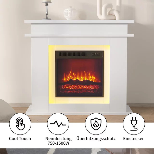 Rosahqnda Elektrischer Kaminheizer mit 3D LED-Flammen Effekt, freistehend, Weiß und Eiche - Bild 1