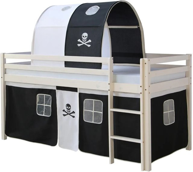 Homestyle4u Hochbett für Kinder aus Kiefernholz mit Piraten Design und Vorhang in Weiß - Bild 1