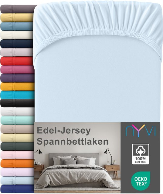 NYVI Edel Jersey Spannbettlaken Deluxe aus 100% supergekämmter Baumwolle, Hellblau, B/T: 180 x 200 cm, Höhe: 220 cm - Bild 1