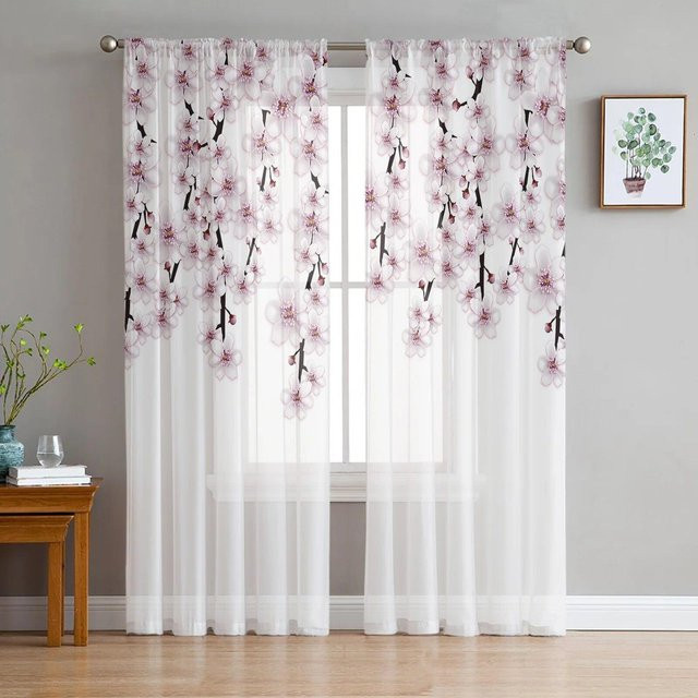A Family Of Home Textiles Voile-Hängevorhang mit rosa Blumenkirschblüten in Weiß und Transparent, Breite: 135 cm, Höhe: 213 cm - Bild 1