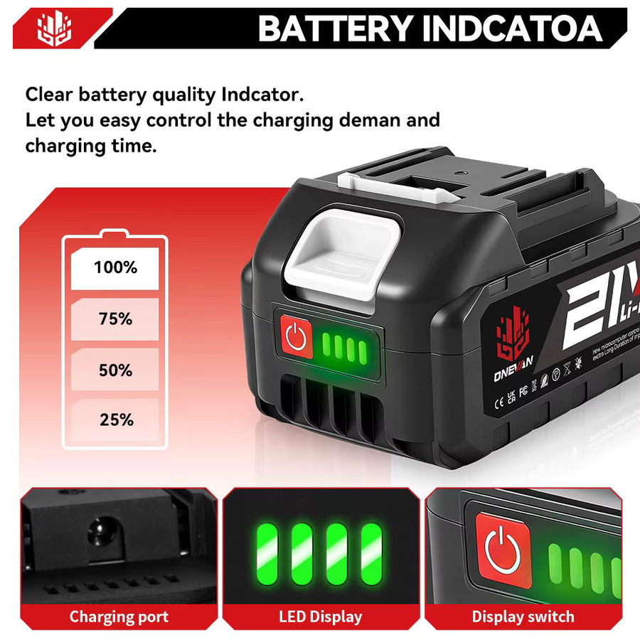 ONEVAN Lithium-Ionen-Akku mit Ladegerät für Makita 21V Elektrowerkzeuge, 15000mAh, Schwarz - Bild 4