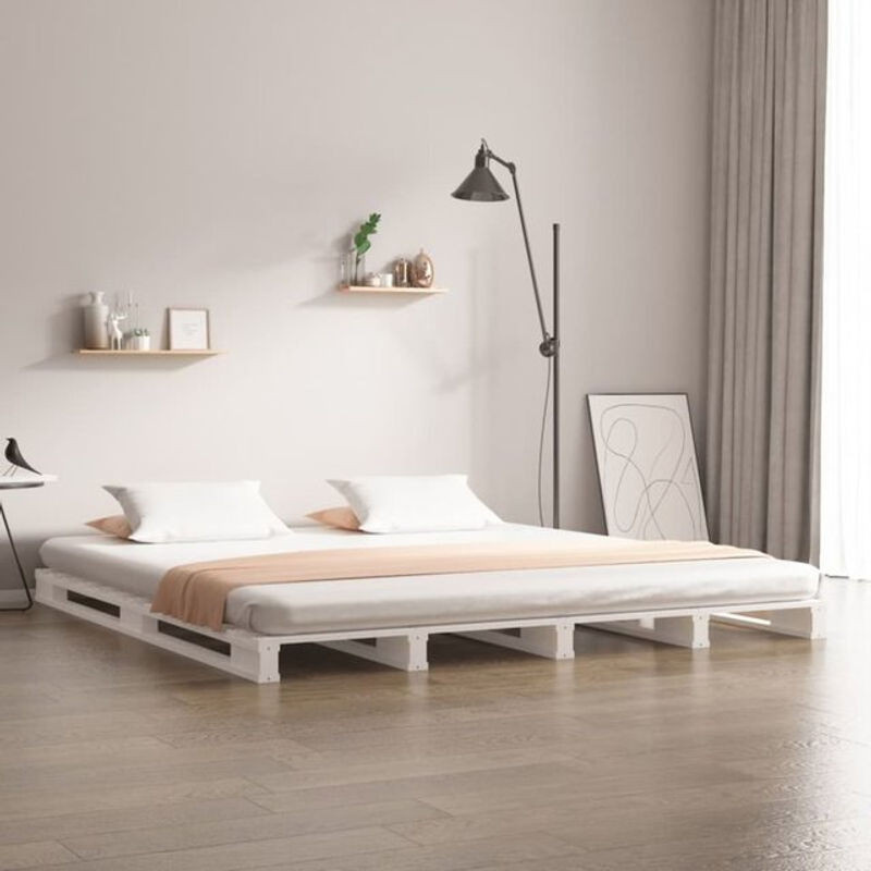 Juskys Palettenbett aus Massivholz Kiefer in Weiß B/T/H: 135 x 190 cm - Bild 1