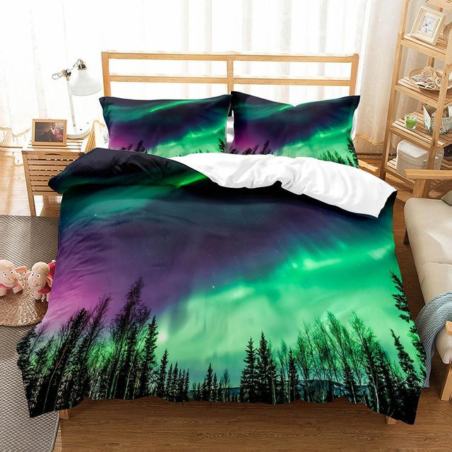 JMG Household Supplies Bettwäscheset Nordlichter Naturlandschaft mit Bettbezug und Kissenbezug, Mehrfarbig, B/H: 135 x 200 cm - Bild 1