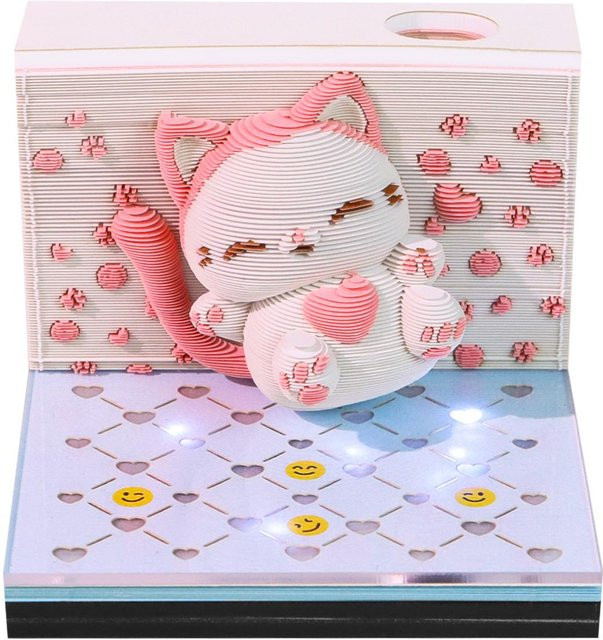 QINGLONG GOODS 3D Laserschnitt Papierbastelmodell Rosa Katze Neujahrskalender und Notizwürfel in Weiß, B/T/H: 8,5 x 8,5 x 6,4 cm - Bild 1
