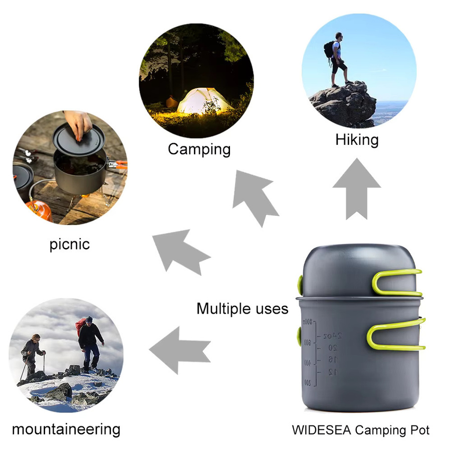Widesea Ultraleichtes Camping-Kochgeschirr-Set für 1-2 Personen aus harteloxiertem Aluminium in Grau mit Doppeltopf, Klappgriff und Netzbeutel - Bild 4