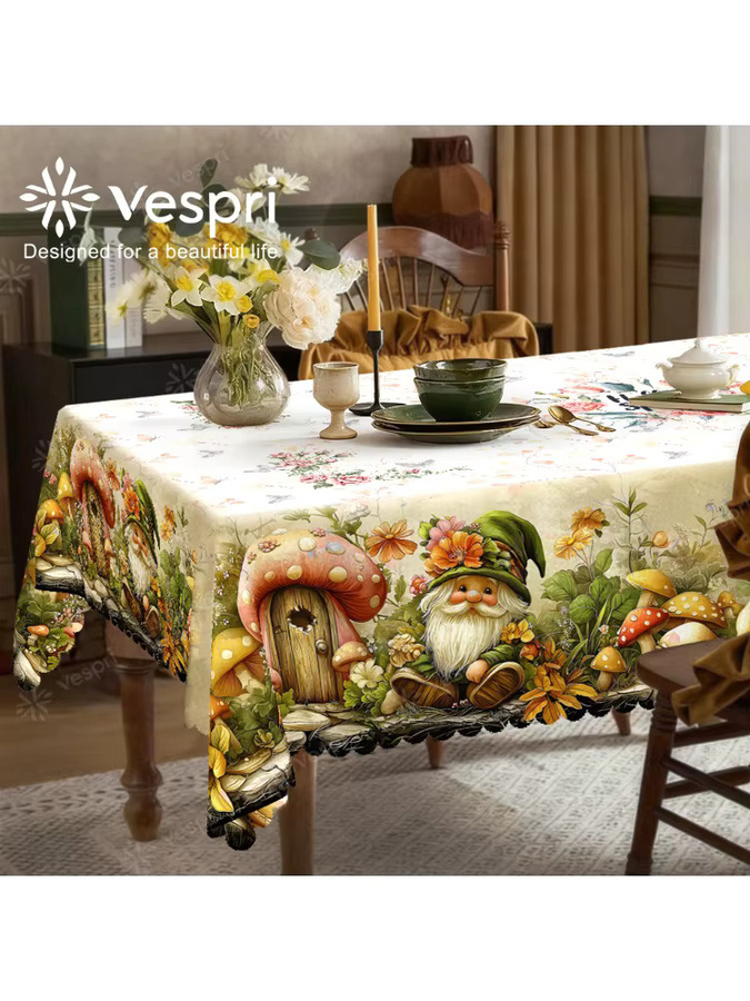 Vespri Florale Pastell-Oster-Tischdecke in Weiß-Gelb mit Gnom-, Pilz- und Blumendruck für runde Tische - Bild 4