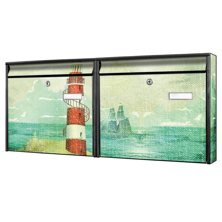 banjado Doppelbriefkastenanlage Burg Wächter mit Leuchtturm-Motiv in Schwarz, flexibel erweiterbar, Modell A8 - Bild 1