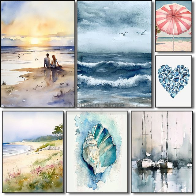 Potdemiel Abstrakte Meereslandschaft Leinwand als Aquarell-Poster mit Ozean- und Muschel-Motiv in Mehrfarbig - Bild 1