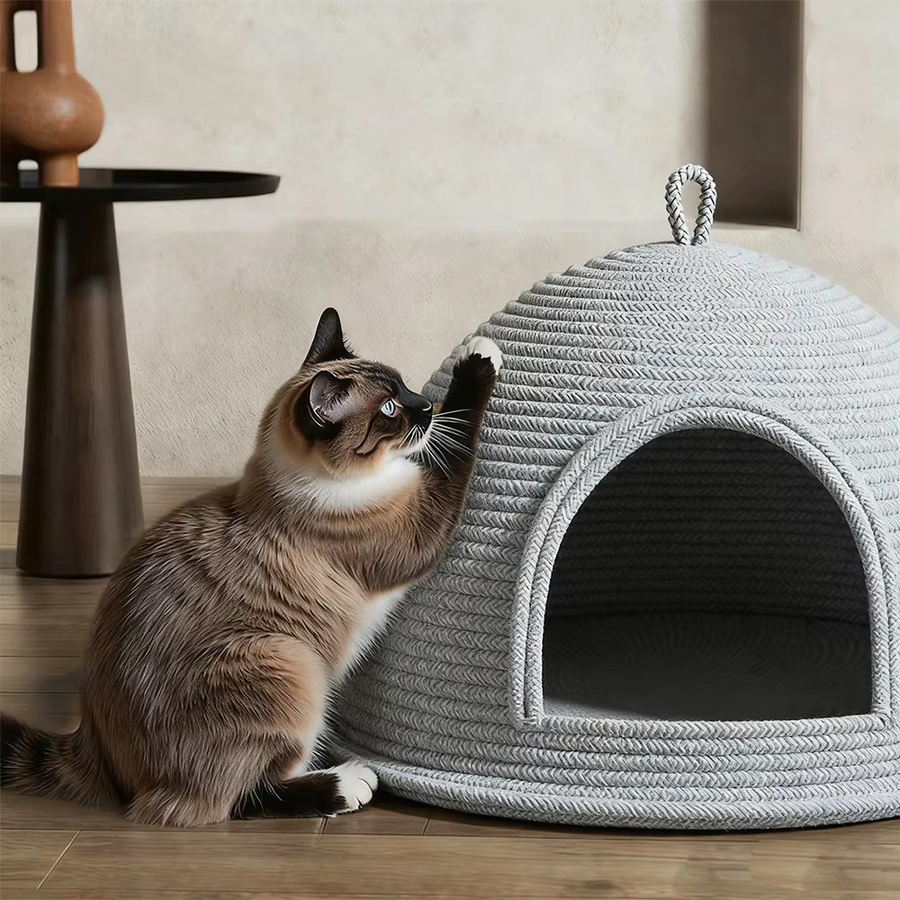 Katzenbett CWV als Höhle aus Leinen-Baumwolle mit Kratzfunktion und Griff, Grau - Bild 3