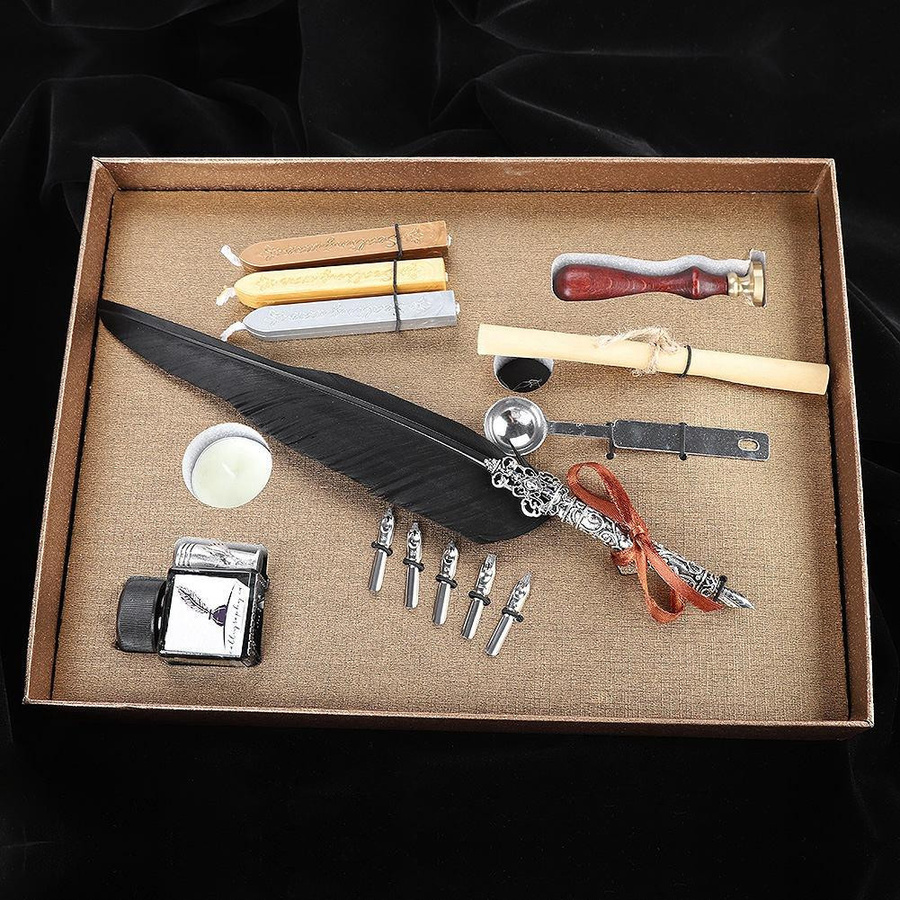 KONNWEI Retro-Gänsefeder-Schreibstift-Set mit Tintenflasche in Schwarz - Bild 3