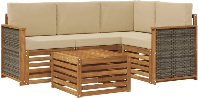 vidaXL Outdoor-Sofagarnitur aus Akazienholz in L-Form mit 5 Teilen, Farbe Braun und Beige, inklusive Polster und Couchtisch, B/T/H: 59 x 59 x 37 cm - Bild 1