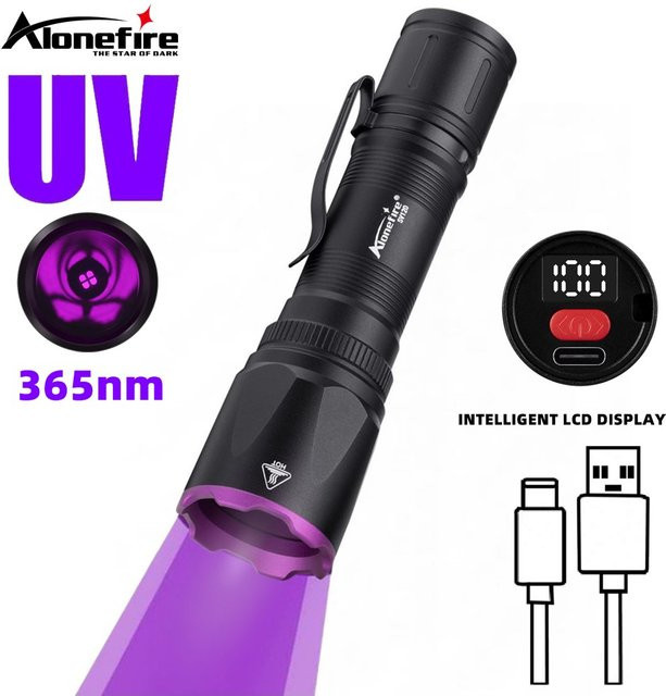 Alonefire UV-LED Schwarzlicht-Taschenlampe 15W 365nm in Schwarz, USB wiederaufladbare UV-Lampe zur Kleberhärtung und Fleckenerkennung, B/T/H: 13,0 x 3,5 x 3,5 cm - Bild 1