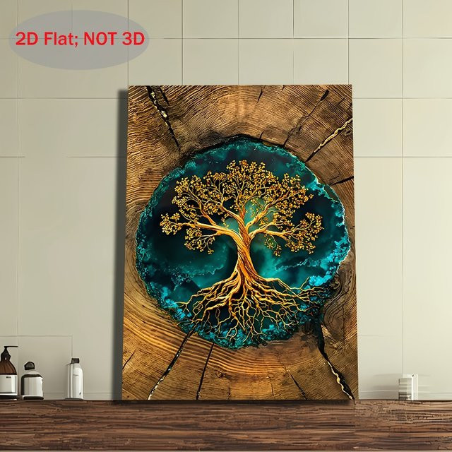 CIFBUY 2D-Wanddekoration mit blauen Bäumen und goldenen Wurzeln, abstraktes Naturmotiv, rahmenlos, B: 30,0 cm, H: 50,0 cm, T: 2,0 cm - Bild 1