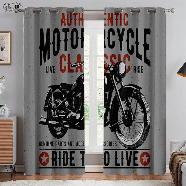 Yiran Furniture Dekorative Vorhänge mit Motorrad-Motiv im Retro-Industriestil, Grau, B: 50 cm, H: 130 cm, 2er-Set - Bild 1