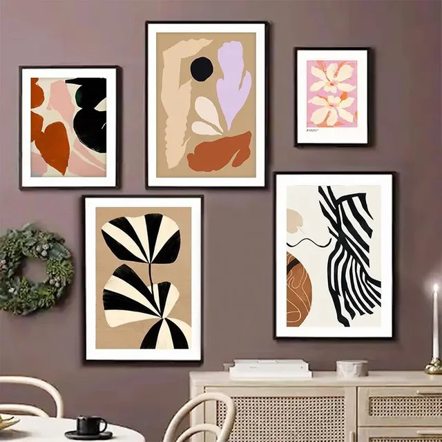 Potdemiel Moderne Wandkunst Leinwandmalerei mit abstrakten geometrischen Linien und floralen Blättern in Beige und Schwarz - Bild 1