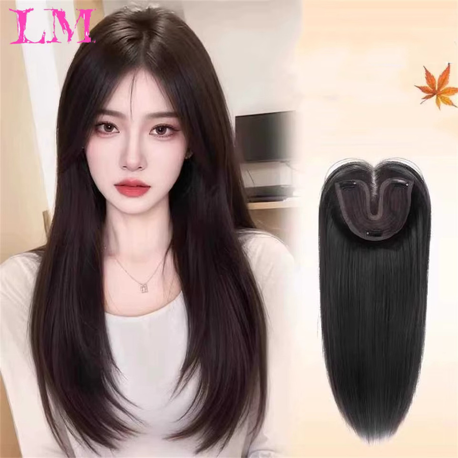 LIANGMO Clip-in-Haarteil Haarverlängerung mit Haarspangenpony, Schwarzbraun - Bild 2