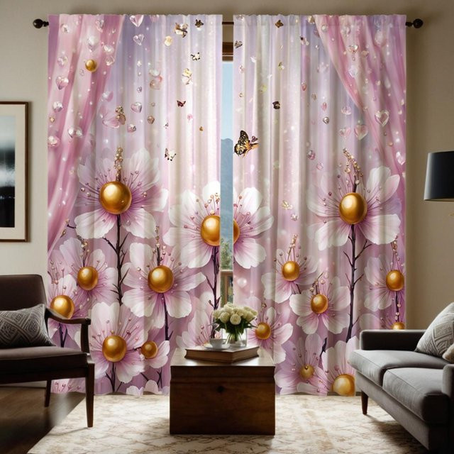 2er-Set dekorative Blumenvorhänge im Prinzessinnenstil, halbtransparent, Weiß und Rosa, B: 132 cm, H: 160 cm - Bild 1