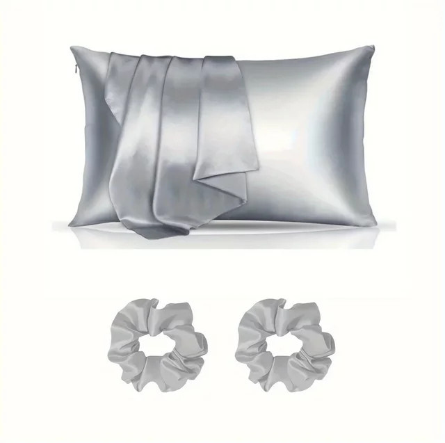 4-teiliges Haarpflegeset mit 2 seidigen Kissenbezügen und 2 Haargummis aus Polyester in Beige und Silber - Bild 1