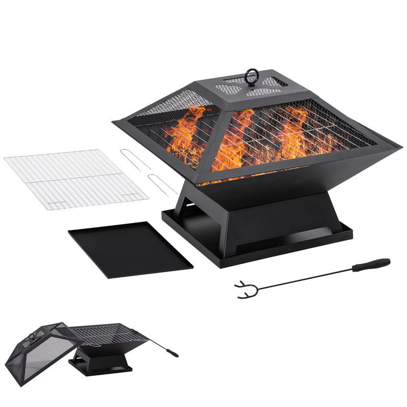 Outsunny Feuerschale in Schwarz mit Grillrost, Funkenschutz und Feuerkorb aus Metall für dein BBQ - Bild 1