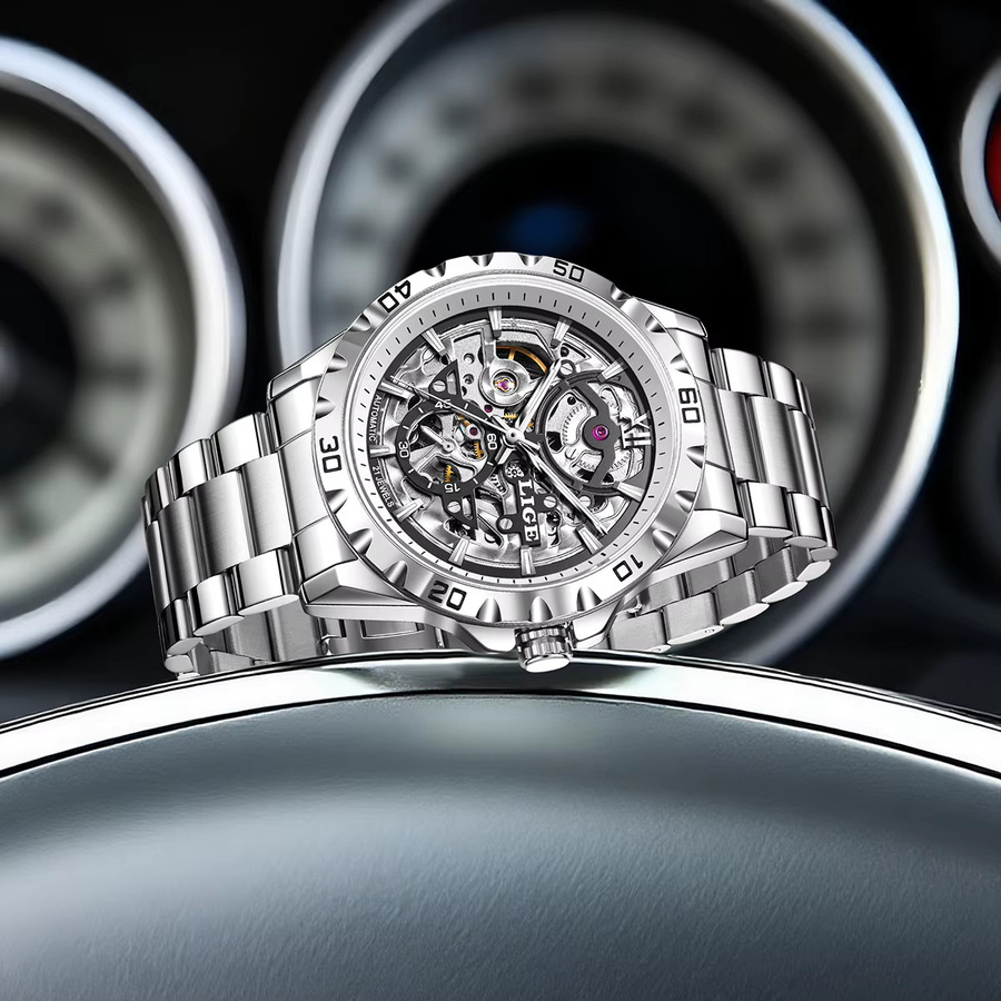 LIGE Armbanduhr Automatik, Edelstahl, Silber, Bicolor, Herren - Bild 5
