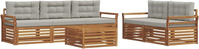 vidaXL Outdoor-Sofagarnitur 6-teilig aus Akazienholz mit Kissen in Natur und Hellgrau - Bild 1