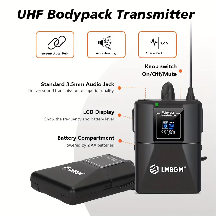 LMBGM Drahtloses 4-Kanal Mikrofonsystem mit Lavalier- und Headset-Mikrofonen in Schwarz, UHF Dualband-Wireless-Set - Bild 4