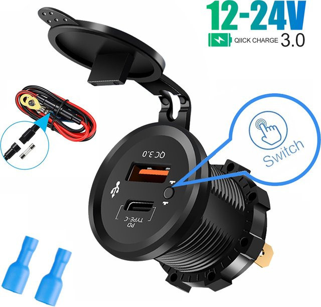 kebidumei Dual-USB-Steckdose 12/24V mit Tastenschalter, 40W QC3.0 & PD3.0 USB-C Autoladegerät in Schwarz für Wohnmobile, Motorräder, Boote und LKWs - Bild 1