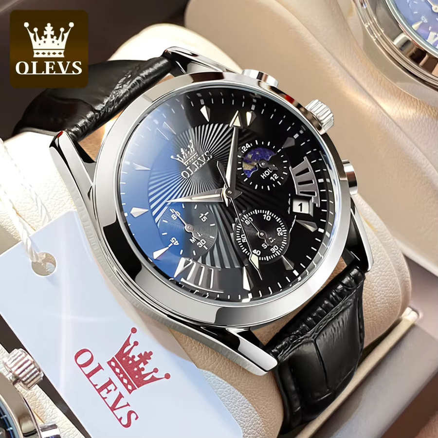 OLEVS Armbanduhr, Quarz, Chronograph, Leder, Silber, Herren - Bild 3